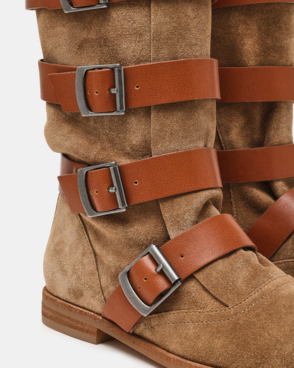 INDIO Tan Suede Buckle Strap Knee-High Round-Toe Women's Boot Steve Madden TAN SUEDE