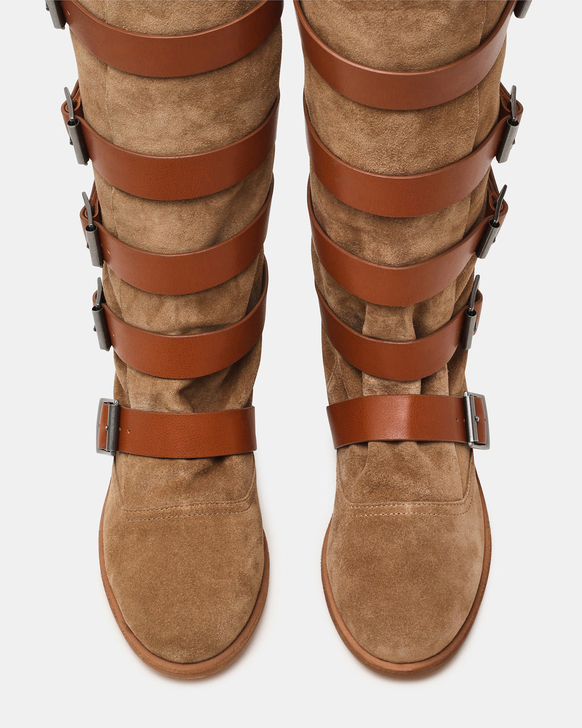 INDIO Tan Suede Buckle Strap Knee-High Round-Toe Women's Boot Steve Madden TAN SUEDE