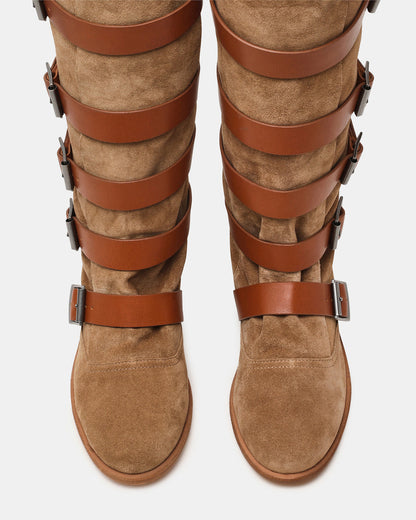INDIO Tan Suede Buckle Strap Knee-High Round-Toe Women's Boot Steve Madden TAN SUEDE