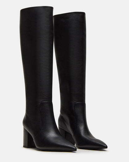 SKYLINE Black Leather Knee-High Pointed Toe Women's Boot Steve Madden BLACK LEATHER