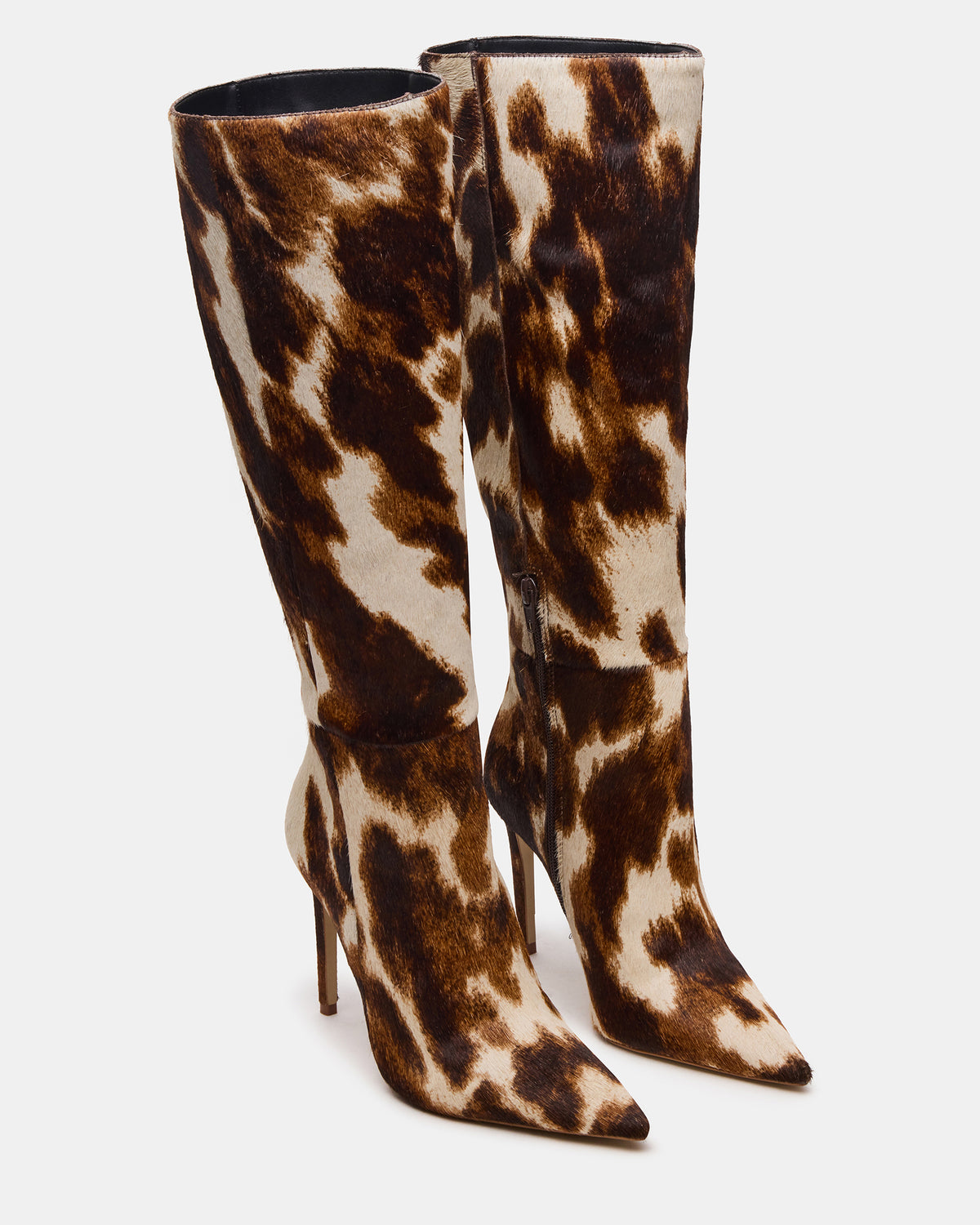 NITRO Brown Cow Print Wide Calf Pointed-Toe Stiletto Heel Knee-High Women's Boots Steve Madden BROWN MULTI