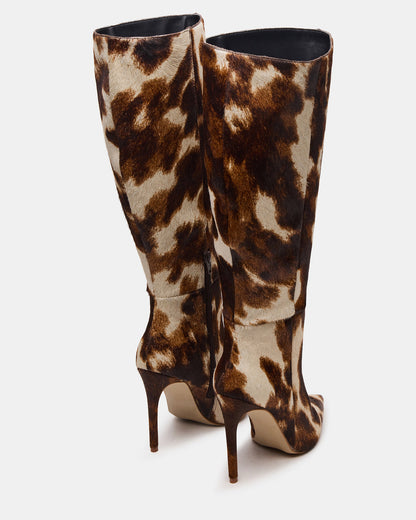 NITRO Brown Cow Print Wide Calf Pointed-Toe Stiletto Heel Knee-High Women's Boots Steve Madden BROWN MULTI