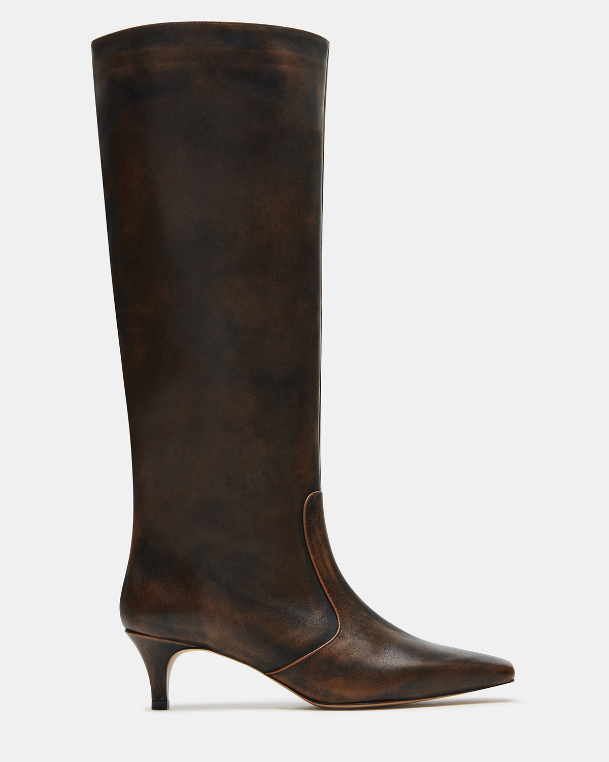 LANDER Brown Distressed Knee-High Kitten Heel Women's Boot Steve Madden BRN DISTRE