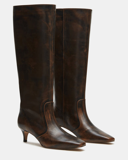 LANDER Brown Distressed Knee-High Kitten Heel Women's Boot Steve Madden BRN DISTRE