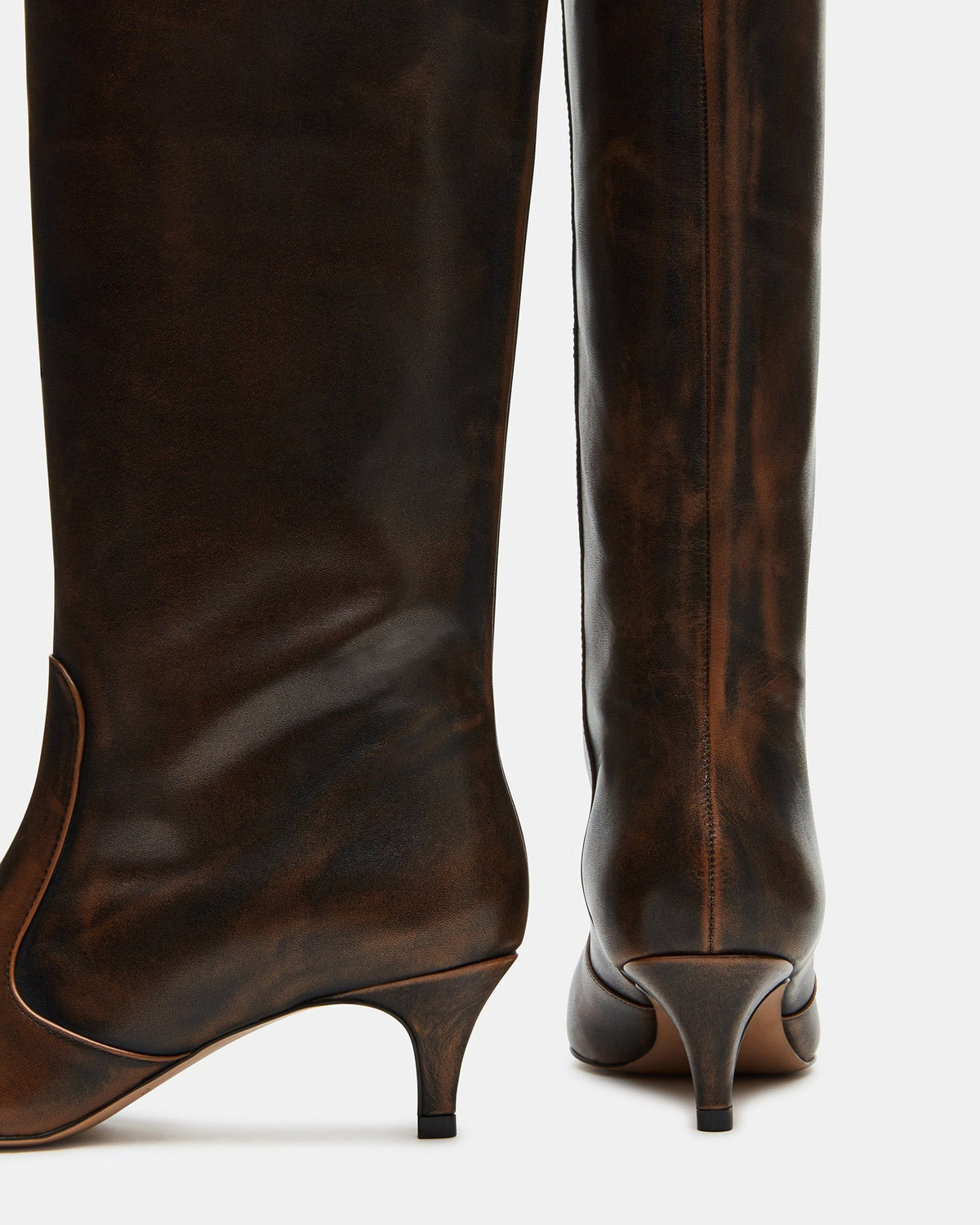 LANDER Brown Distressed Knee-High Kitten Heel Women's Boot Steve Madden BRN DISTRE