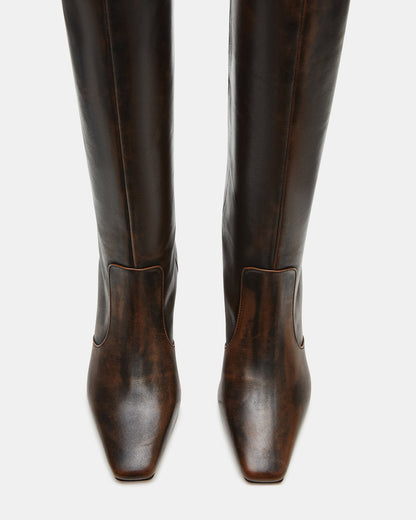LANDER Brown Distressed Knee-High Kitten Heel Women's Boot Steve Madden BRN DISTRE