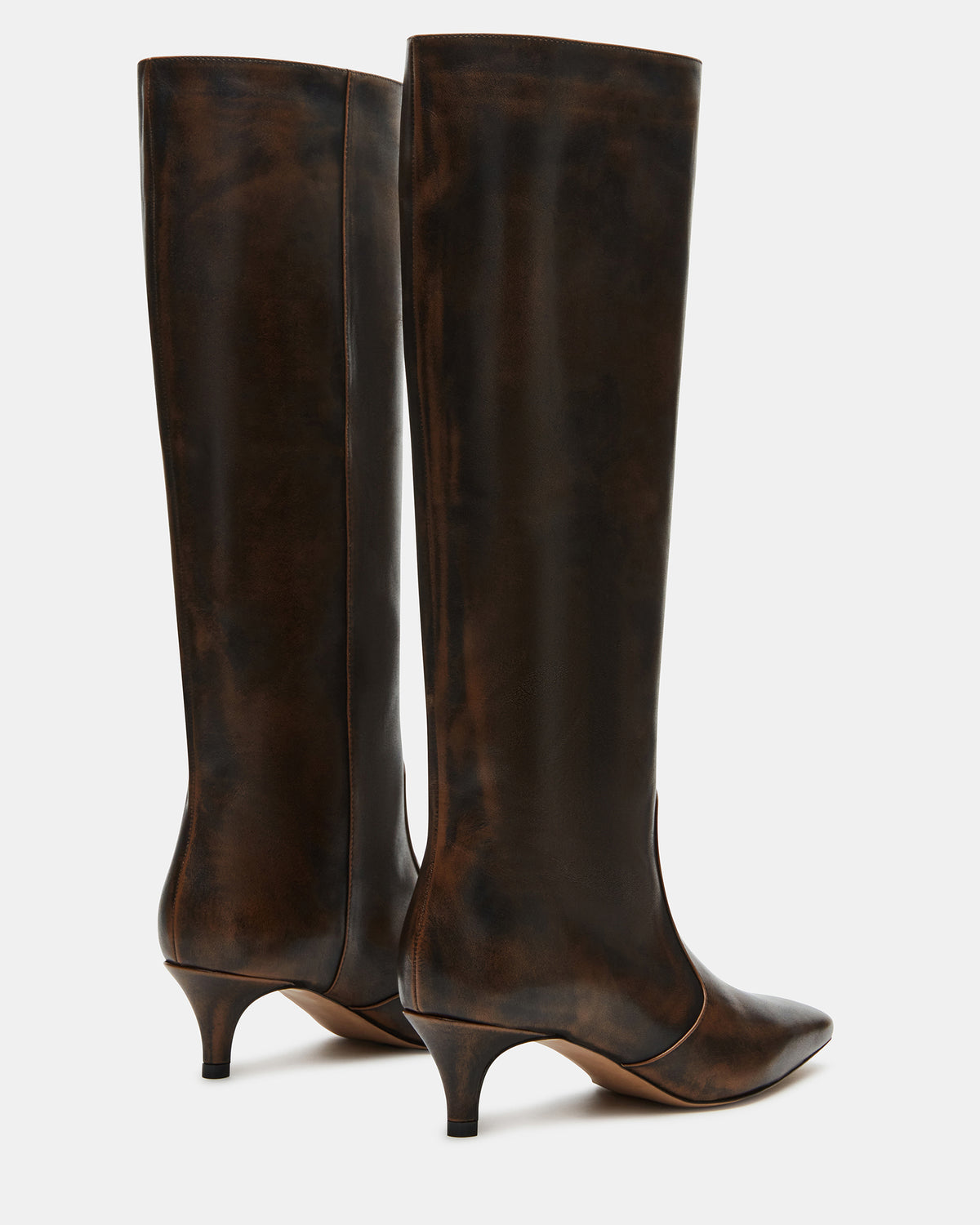 LANDER Brown Distressed Knee-High Kitten Heel Women's Boot Steve Madden BRN DISTRE