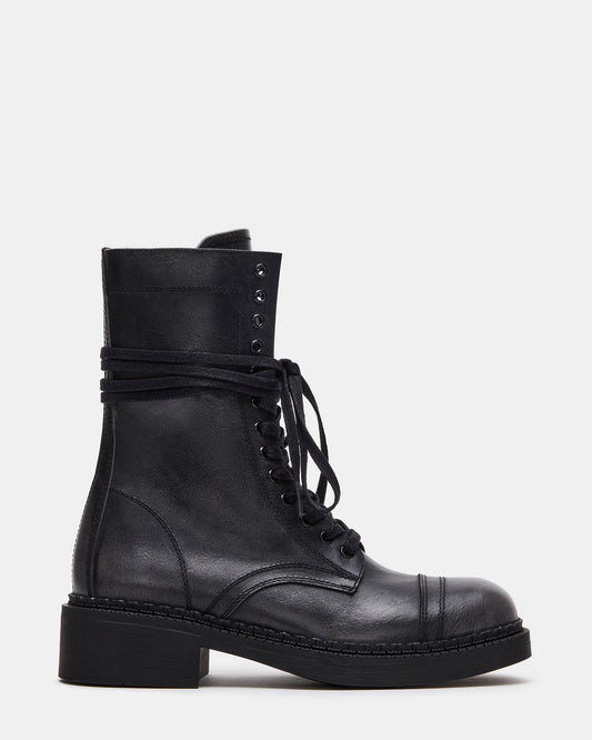 CRIMSON Black Distressed Moto Combat Women's Ankle Booties Steve Madden BLK DISTRS