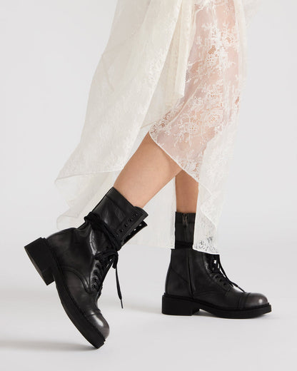 CRIMSON Black Distressed Moto Combat Women's Ankle Booties Steve Madden BLK DISTRS