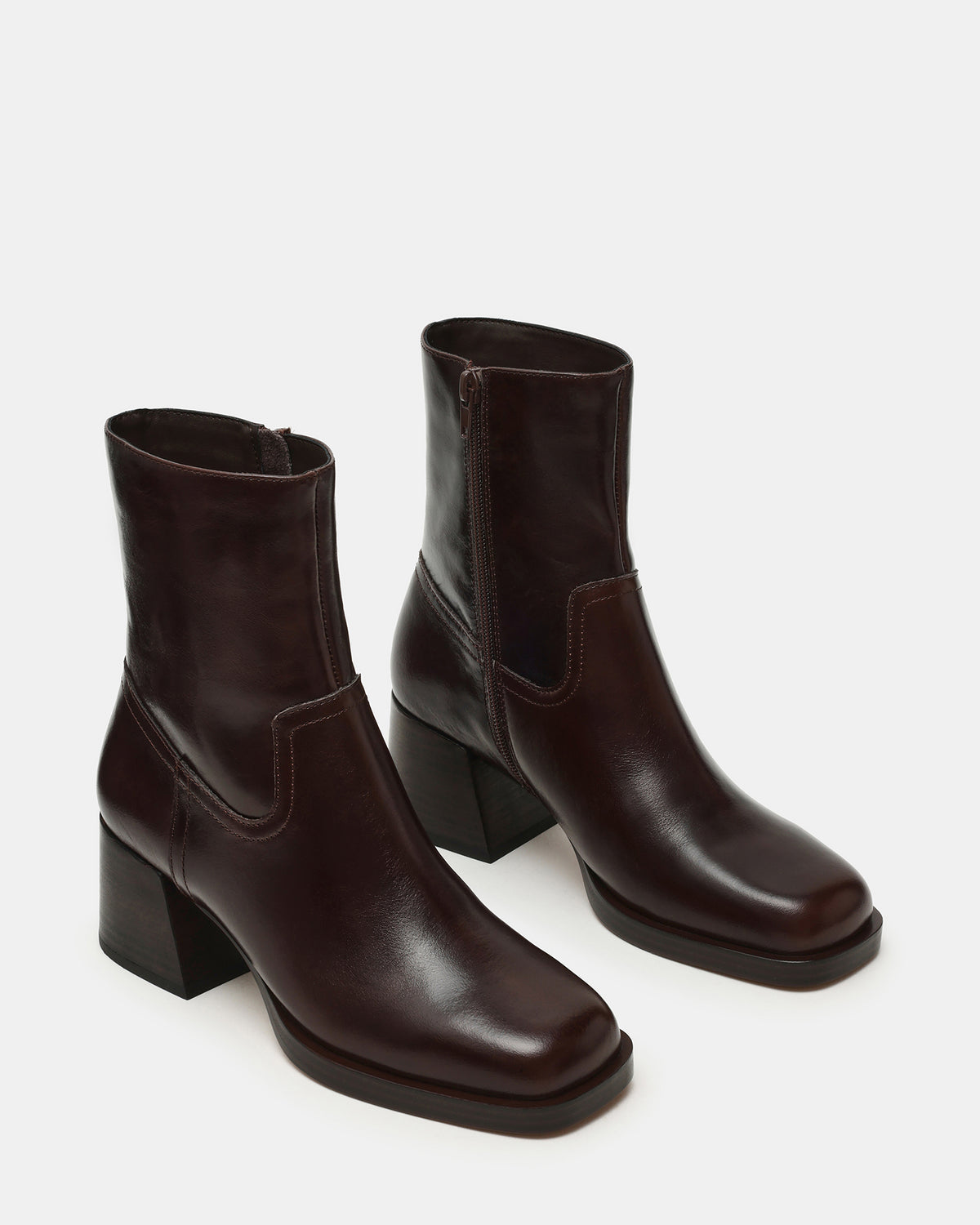 LATCHES Brown Leather Square-Toe Block Heel Women's Ankle Boot Steve Madden BROWN LEATHER
