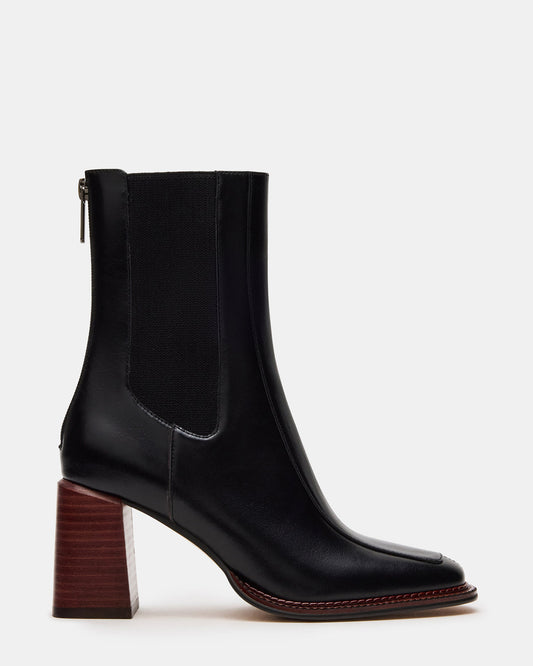 DOWNTOWN Black Leather Chelsea Block Heel Ankle Boot | Women's Booties Steve Madden BLACK LEATHER
