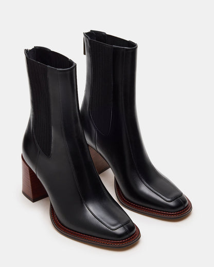 DOWNTOWN Black Leather Chelsea Block Heel Ankle Boot | Women's Booties Steve Madden BLACK LEATHER