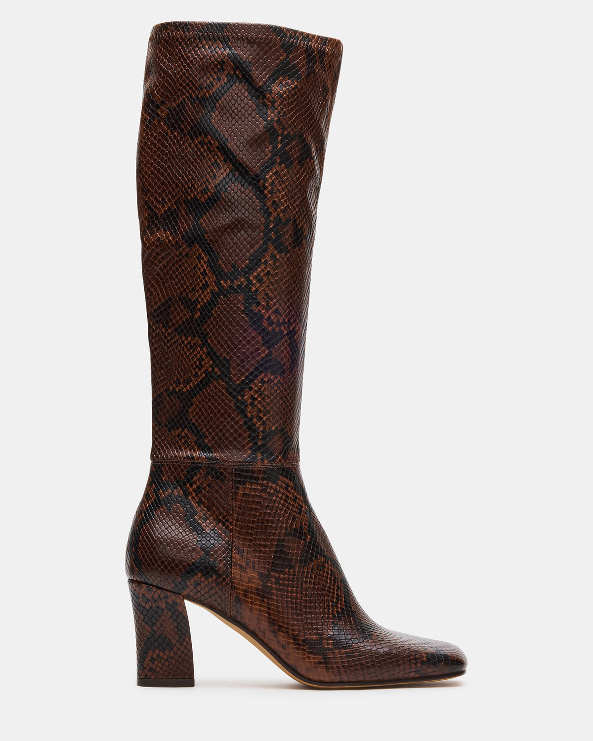 ELLIOT Brown Snake Square-Toe Knee-High Block Heel Women's Boot Steve Madden BROWN SNAKE