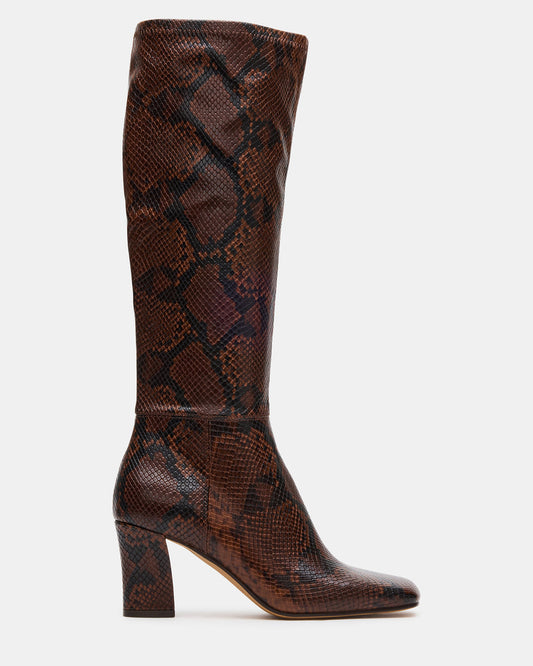ELLIOT Brown Snake Square-Toe Knee-High Block Heel Women's Boot Steve Madden BROWN SNAKE