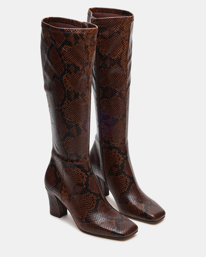 ELLIOT Brown Snake Square-Toe Knee-High Block Heel Women's Boot Steve Madden BROWN SNAKE