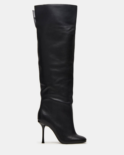 ALLURING Black Leather Over-The-Knee Square-Toe Heeled Women's Boot Steve Madden BLACK LEATHER