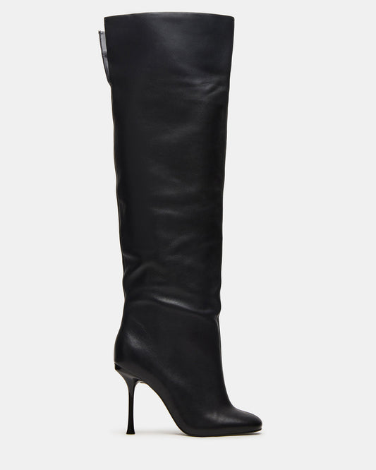 ALLURING Black Leather Over-The-Knee Square-Toe Heeled Women's Boot Steve Madden BLACK LEATHER