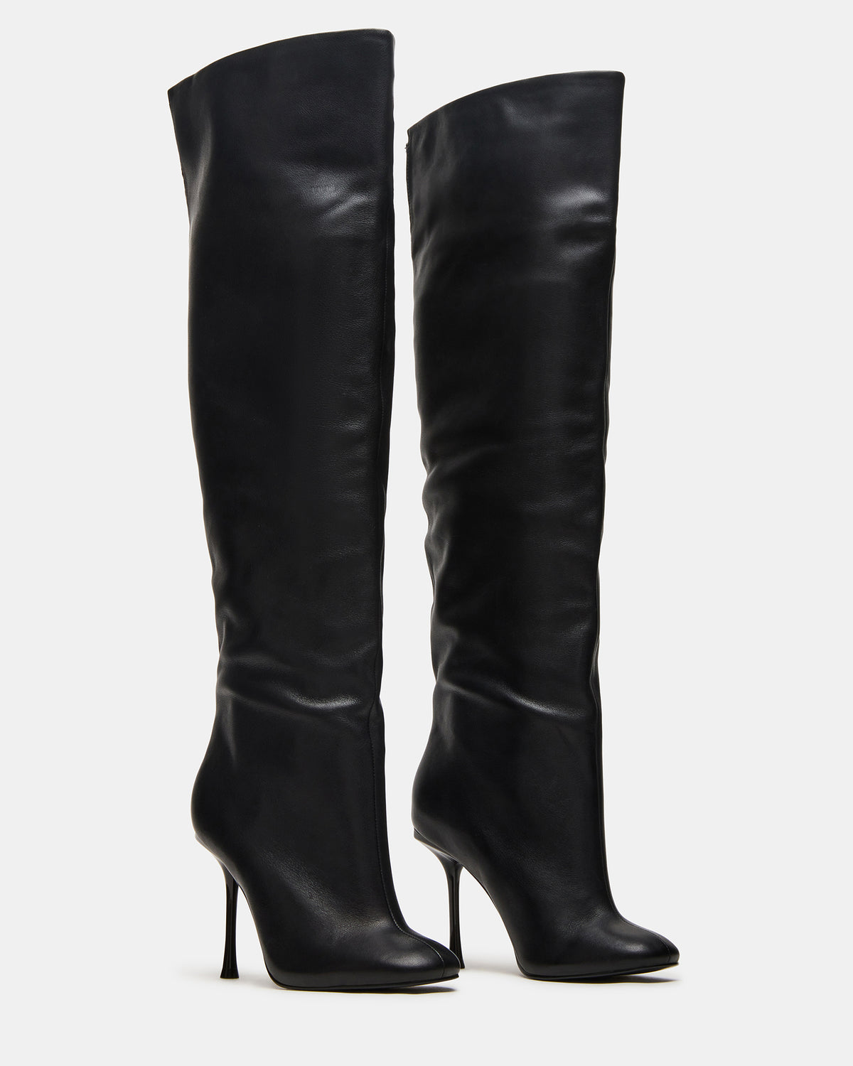 ALLURING Black Leather Over-The-Knee Square-Toe Heeled Women's Boot Steve Madden BLACK LEATHER
