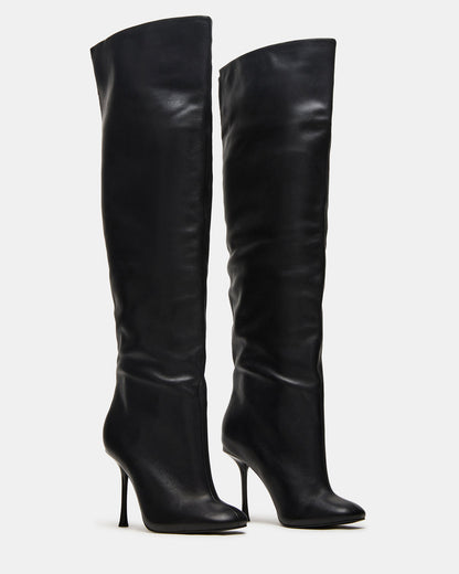 ALLURING Black Leather Over-The-Knee Square-Toe Heeled Women's Boot Steve Madden BLACK LEATHER