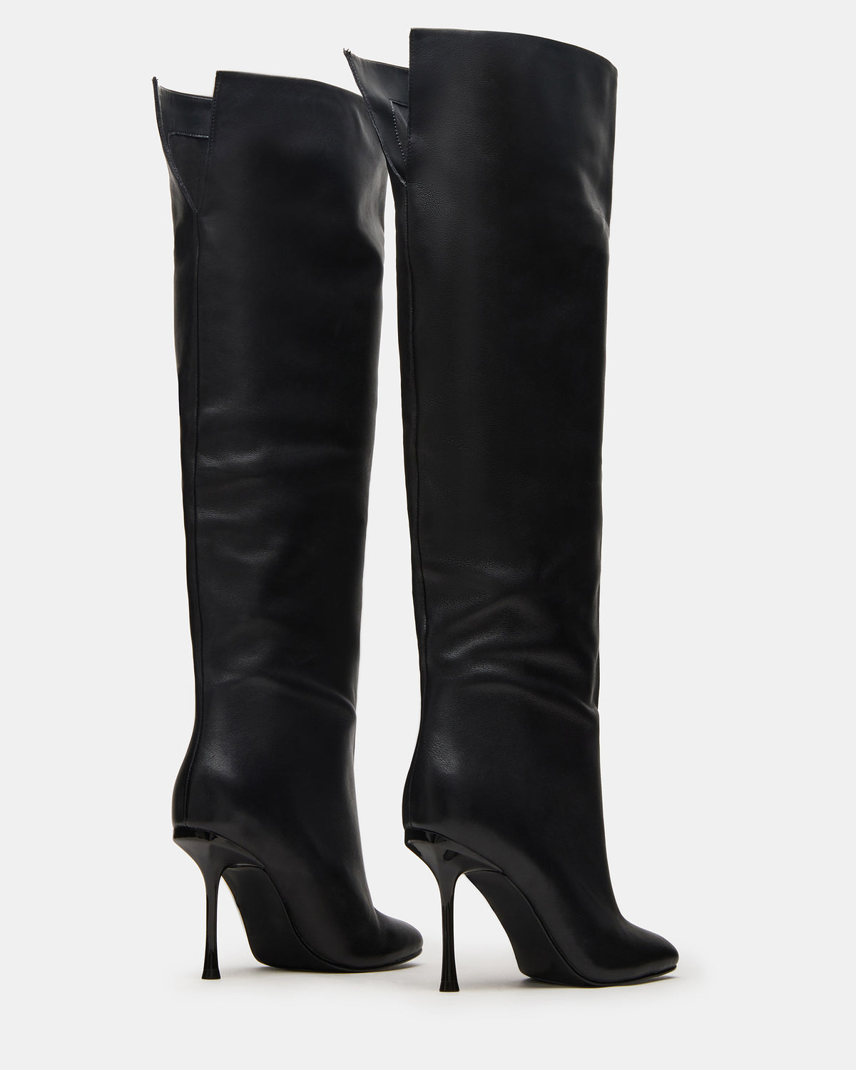 ALLURING Black Leather Over-The-Knee Square-Toe Heeled Women's Boot Steve Madden BLACK LEATHER