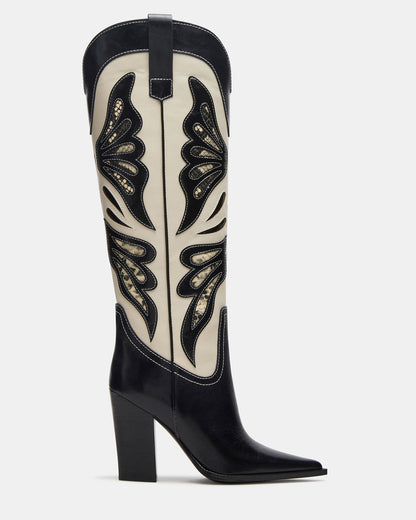 KAZ Black/White Pointed-Toe Knee-High Block Heel Western Women's Boot Steve Madden BLK/WHTE