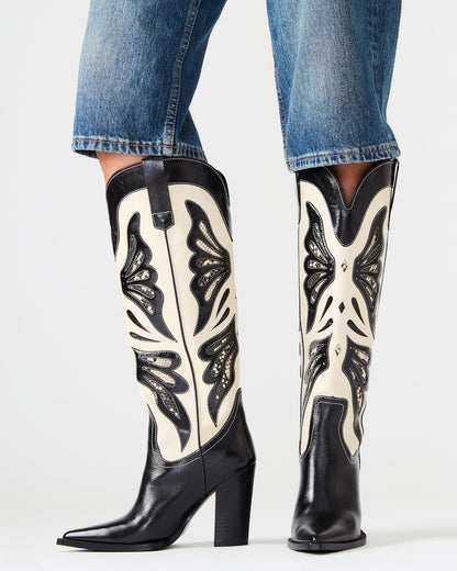 KAZ Black/White Pointed-Toe Knee-High Block Heel Western Women's Boot Steve Madden BLK/WHTE