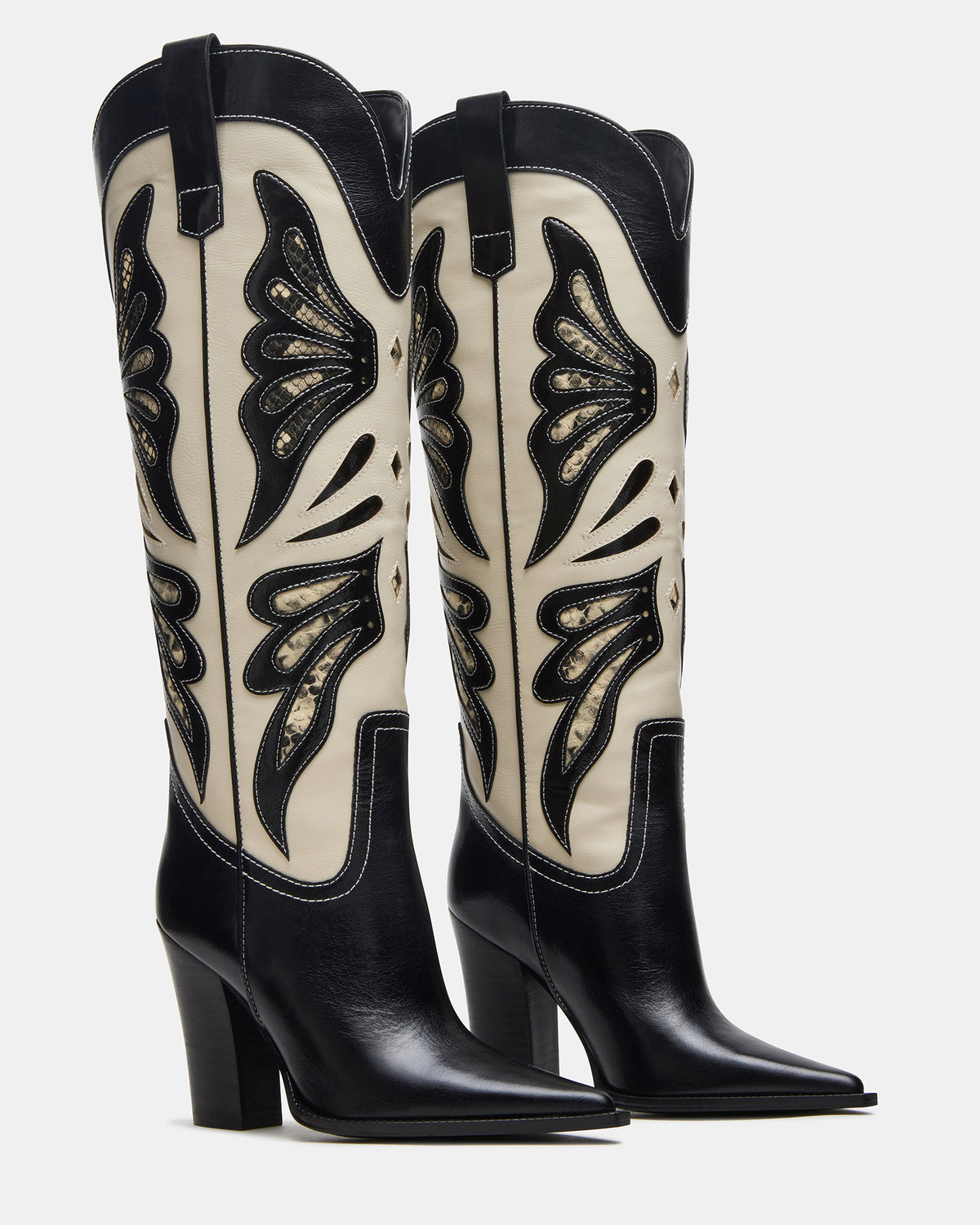 KAZ Black/White Pointed-Toe Knee-High Block Heel Western Women's Boot Steve Madden BLK/WHTE