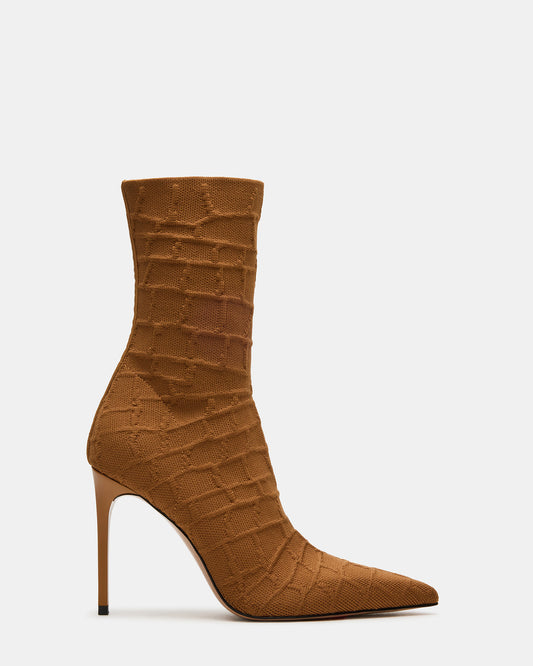 MIDNITE Tan Crocodile Pointed-Toe Stiletto Heel Sock Women's Ankle Boot Steve Madden TAN CROCODILE