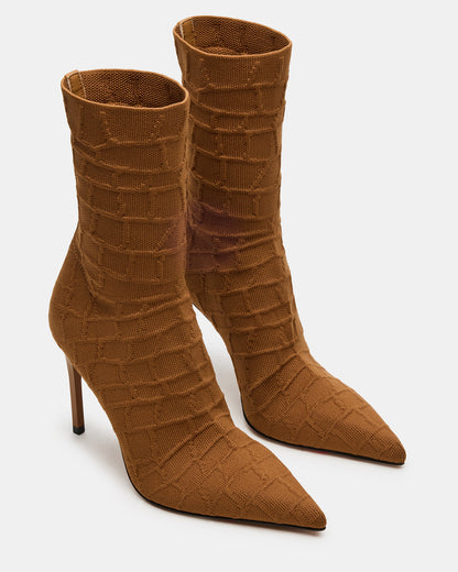 MIDNITE Tan Crocodile Pointed-Toe Stiletto Heel Sock Women's Ankle Boot Steve Madden TAN CROCODILE