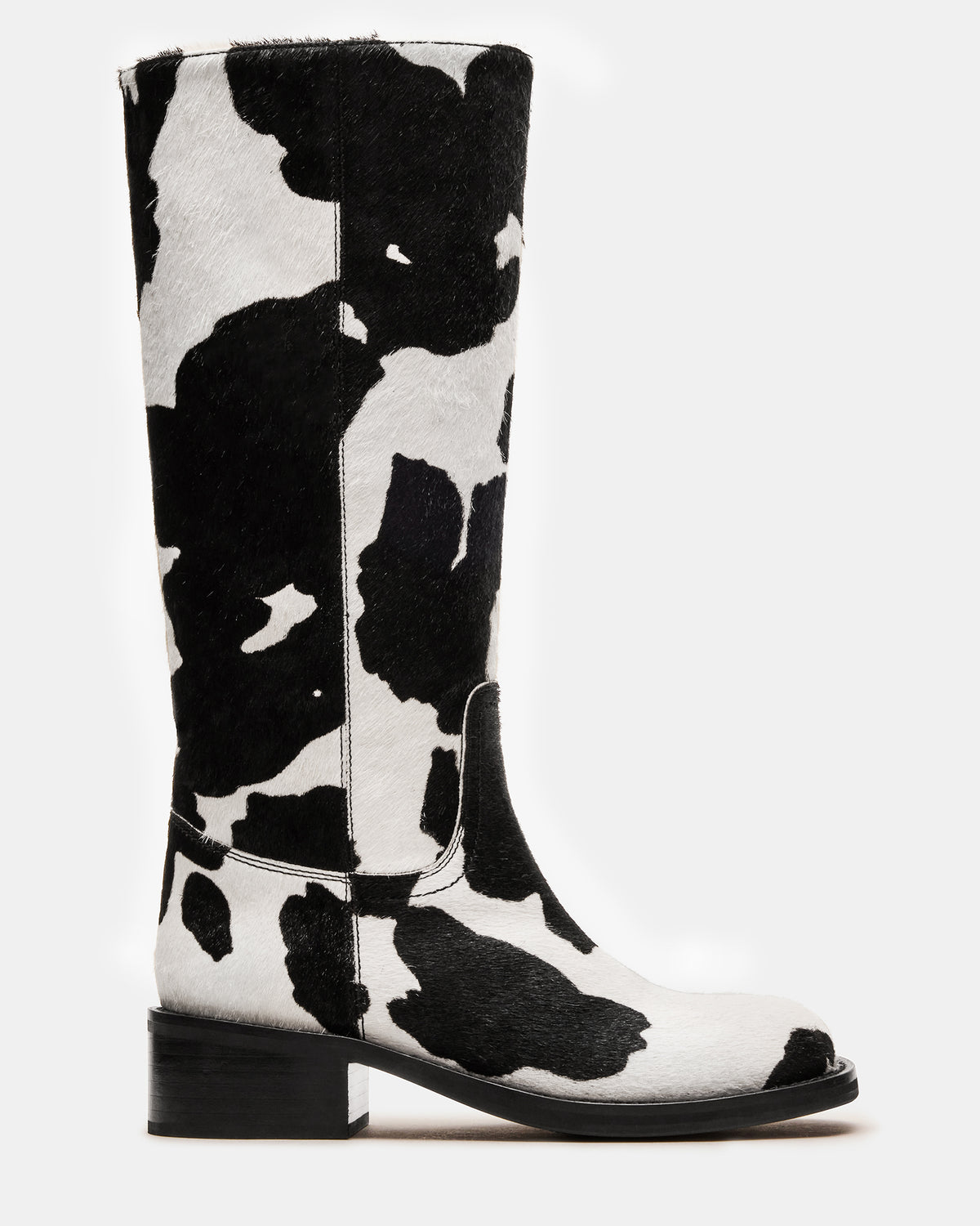 RIGGS Black Cow Print Square-Toe Women's Boot Steve Madden BLACK WHITE