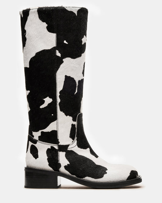 RIGGS Black Cow Print Square-Toe Women's Boot Steve Madden BLACK WHITE