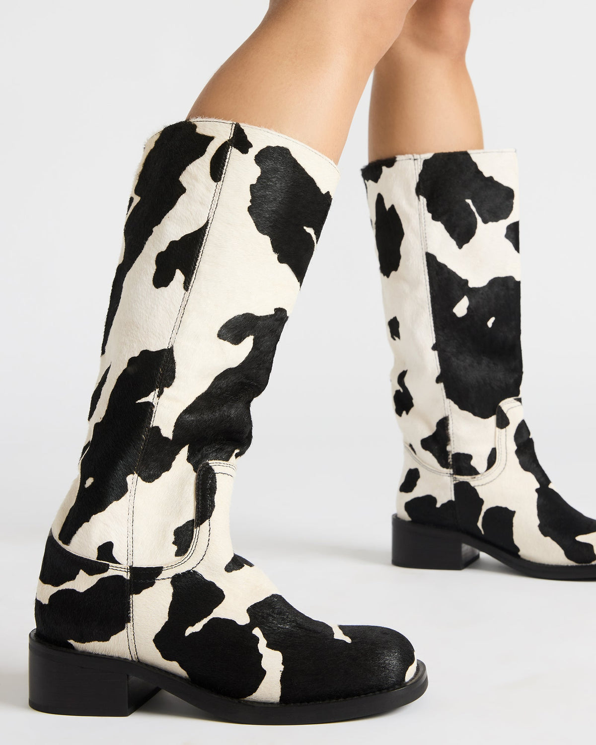 RIGGS Black Cow Print Square-Toe Women's Boot Steve Madden BLACK WHITE