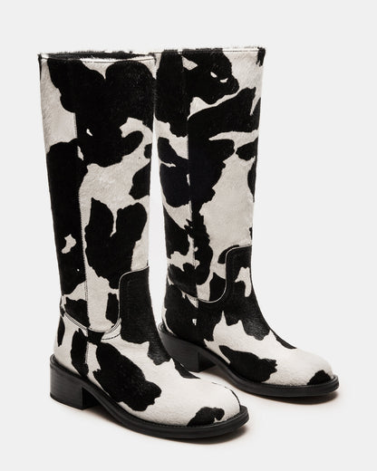 RIGGS Black Cow Print Square-Toe Women's Boot Steve Madden BLACK WHITE