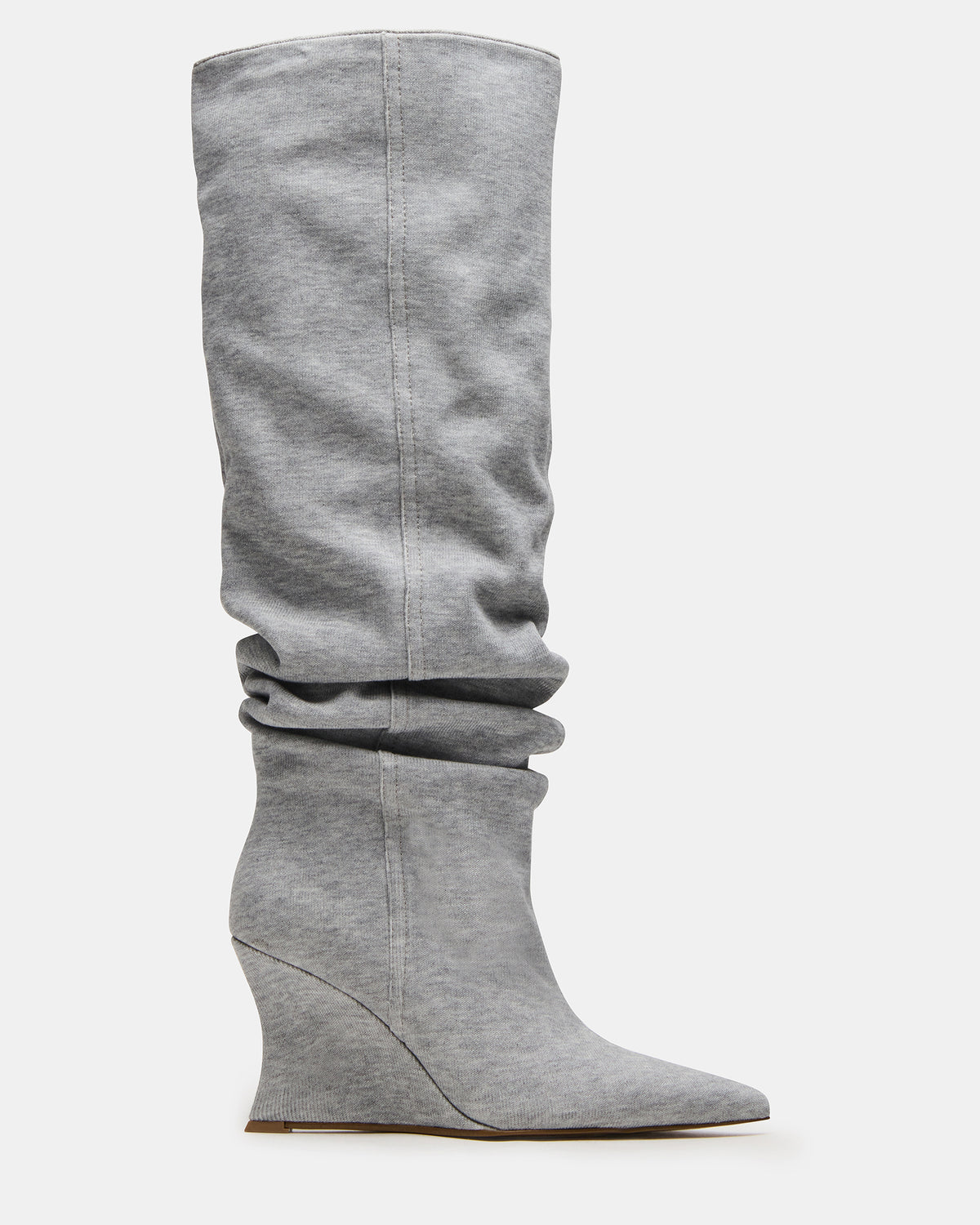 DISTORTION Grey Fabric Pointed-Toe Scrunched Knee-High Wedge Women's Boot Steve Madden GREY FABRIC