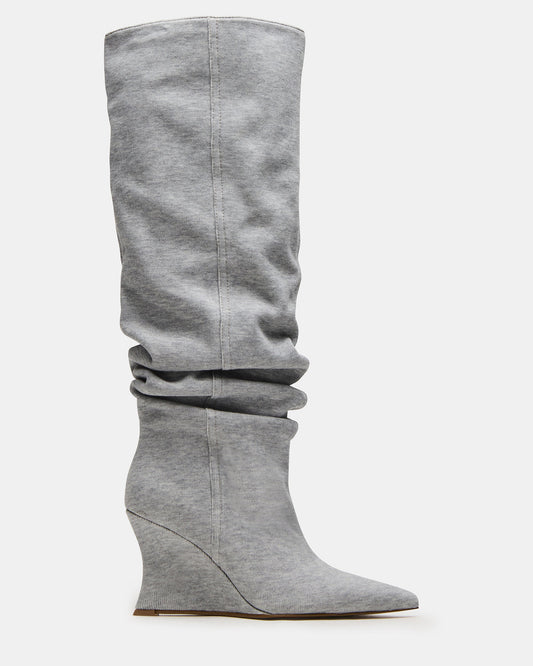 DISTORTION Grey Fabric Pointed-Toe Scrunched Knee-High Wedge Women's Boot Steve Madden GREY FABRIC