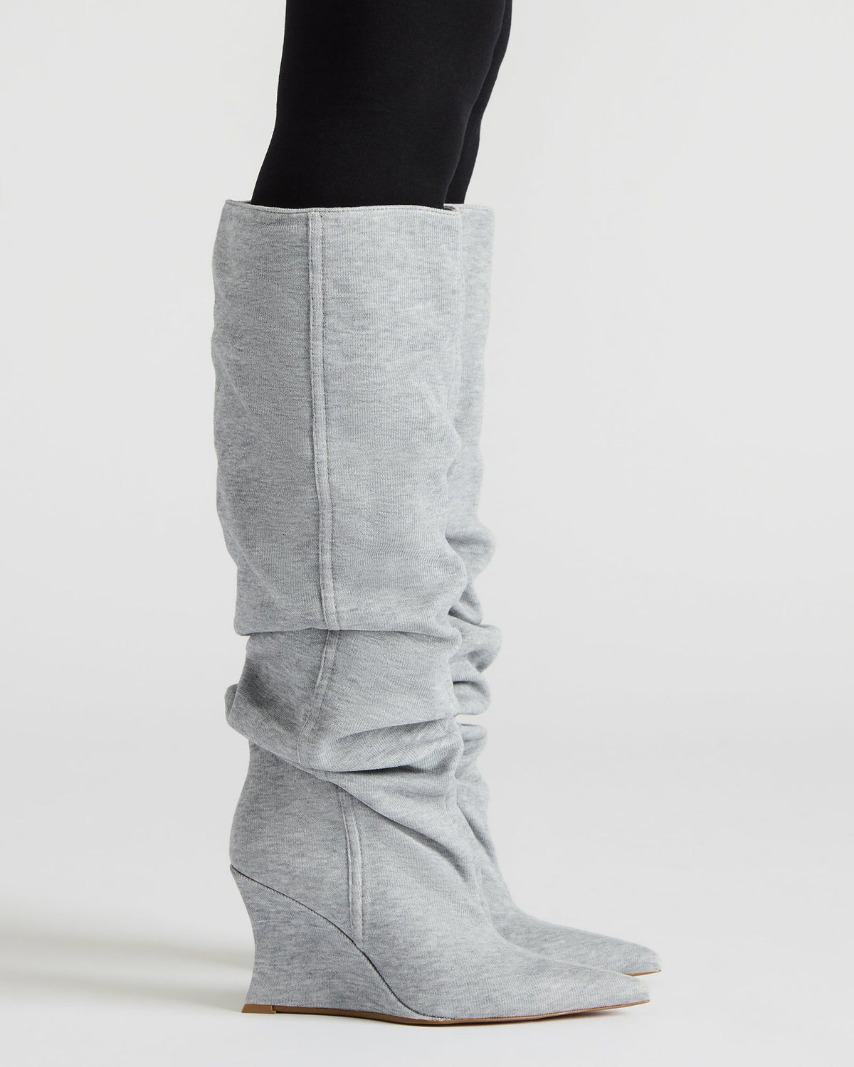 DISTORTION Grey Fabric Pointed-Toe Scrunched Knee-High Wedge Women's Boot Steve Madden GREY FABRIC
