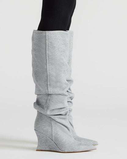 DISTORTION Grey Fabric Pointed-Toe Scrunched Knee-High Wedge Women's Boot Steve Madden GREY FABRIC