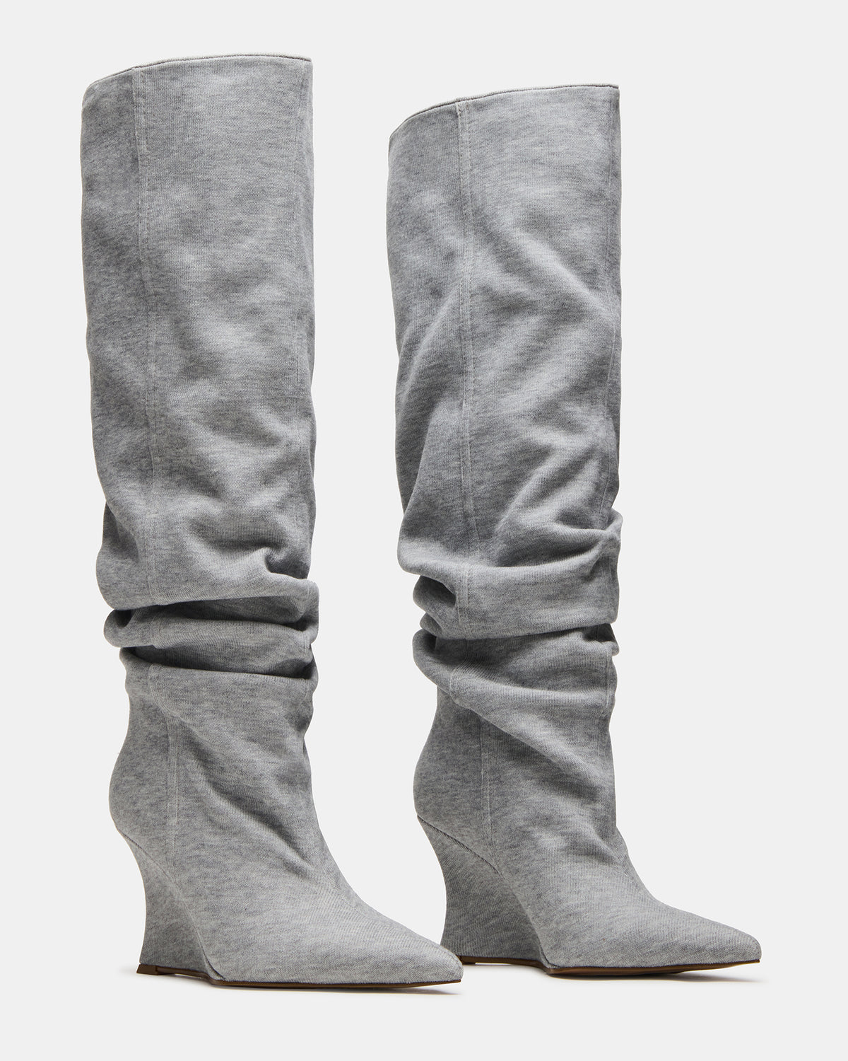 DISTORTION Grey Fabric Pointed-Toe Scrunched Knee-High Wedge Women's Boot Steve Madden GREY FABRIC