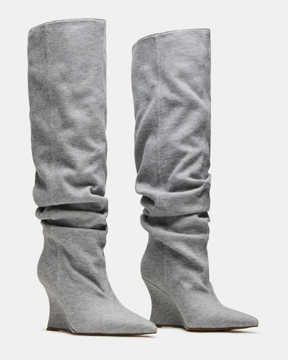 DISTORTION Grey Fabric Pointed-Toe Scrunched Knee-High Wedge Women's Boot Steve Madden GREY FABRIC