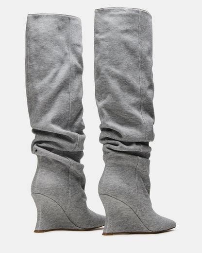 DISTORTION Grey Fabric Pointed-Toe Scrunched Knee-High Wedge Women's Boot Steve Madden GREY FABRIC