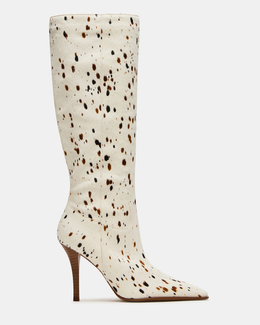 WESCOT Brown Cow Print quare-Toe Knee-High Heeled Women's Boot Steve Madden TAN MULTI