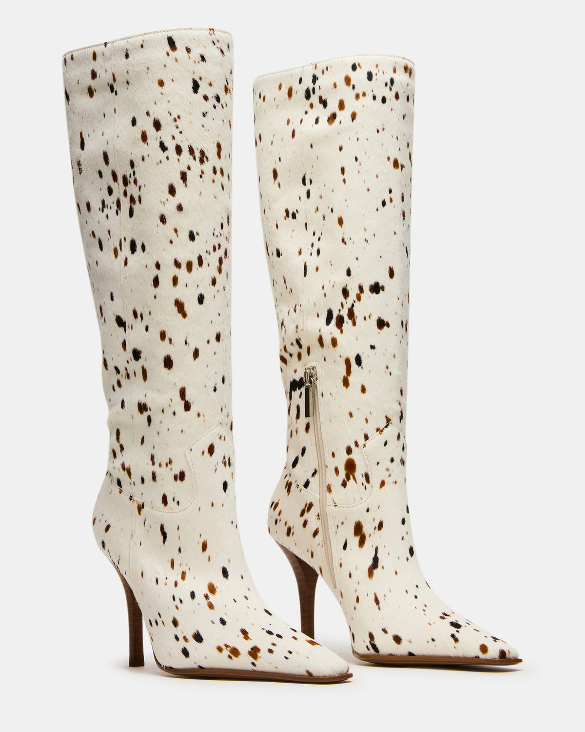 WESCOT Brown Cow Print quare-Toe Knee-High Heeled Women's Boot Steve Madden TAN MULTI
