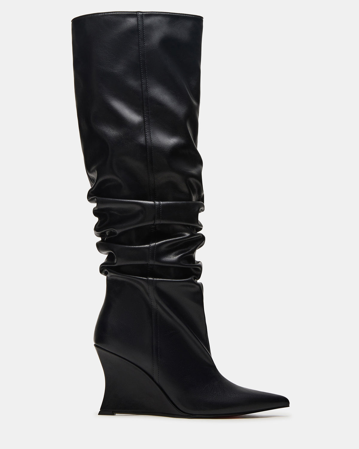 DISTORTION Black Pointed-Toe Scrunched Knee-High Wedge Women's Boot Steve Madden BLACK