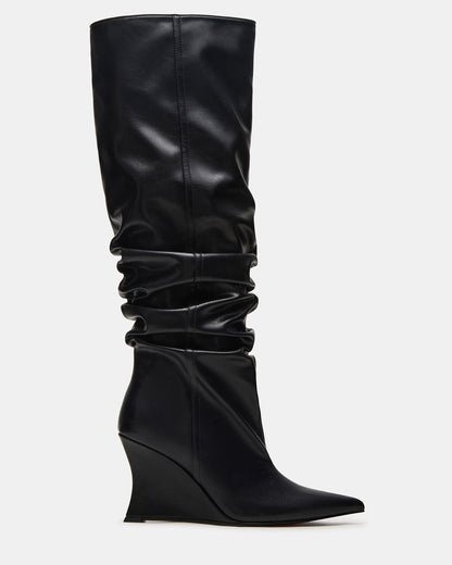DISTORTION Black Pointed-Toe Scrunched Knee-High Wedge Women's Boot Steve Madden BLACK