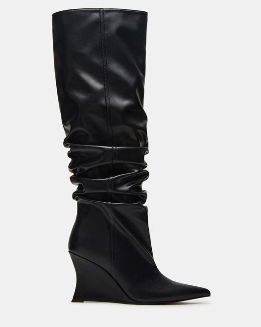 DISTORTION Black Pointed-Toe Scrunched Knee-High Wedge Women's Boot Steve Madden BLACK
