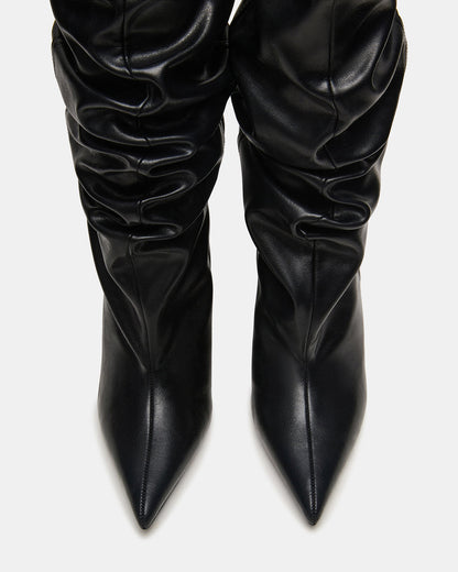 DISTORTION Black Pointed-Toe Scrunched Knee-High Wedge Women's Boot Steve Madden BLACK