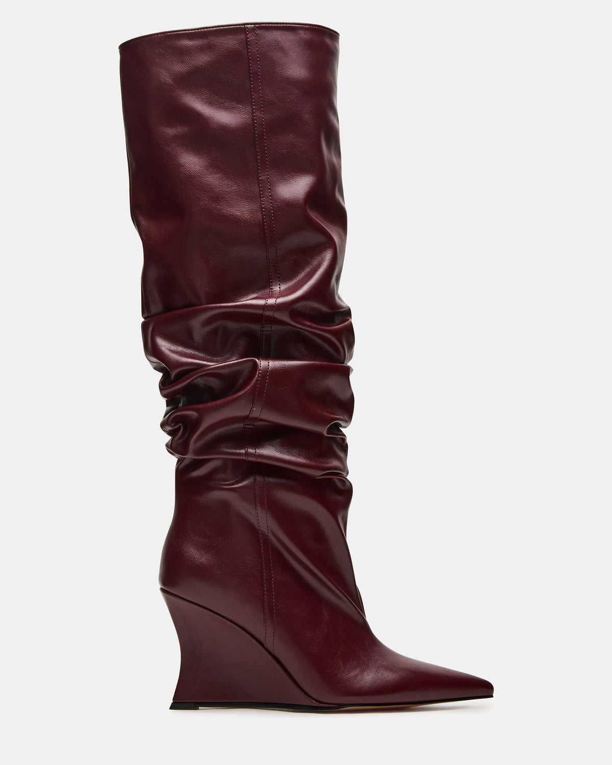 DISTORTION Burgundy Pointed-Toe Scrunched Knee-High Wedge Women's Boot Steve Madden BURGUNDY