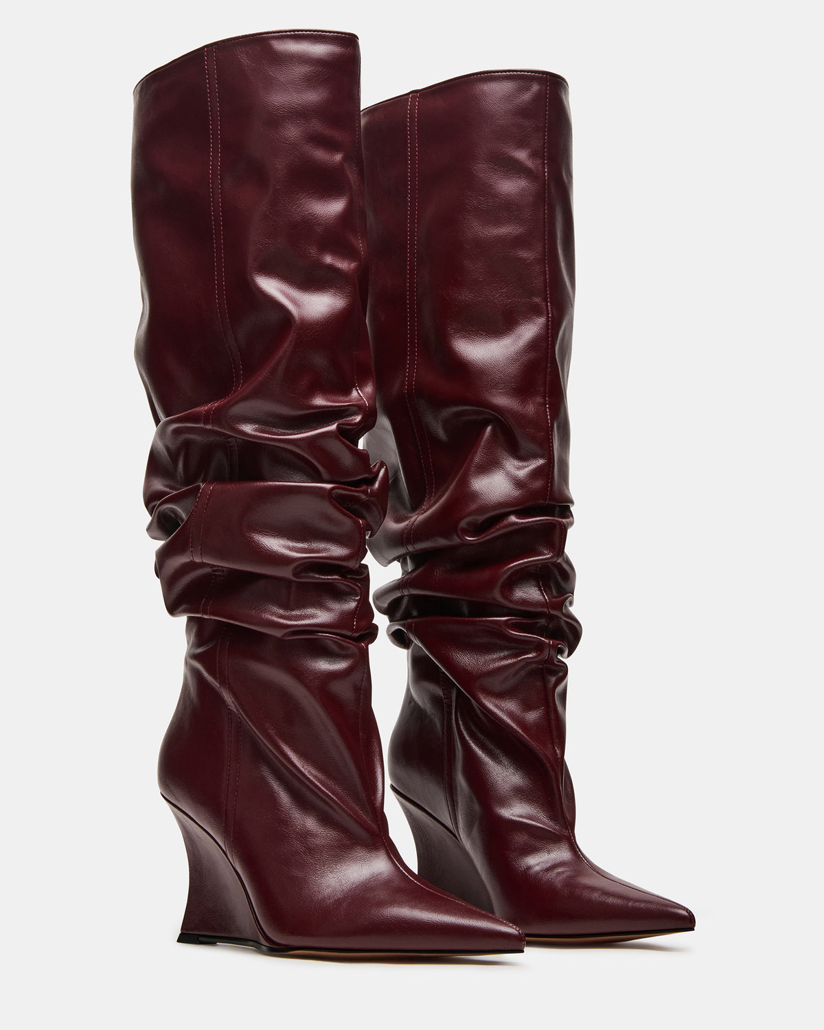 DISTORTION Burgundy Pointed-Toe Scrunched Knee-High Wedge Women's Boot Steve Madden BURGUNDY