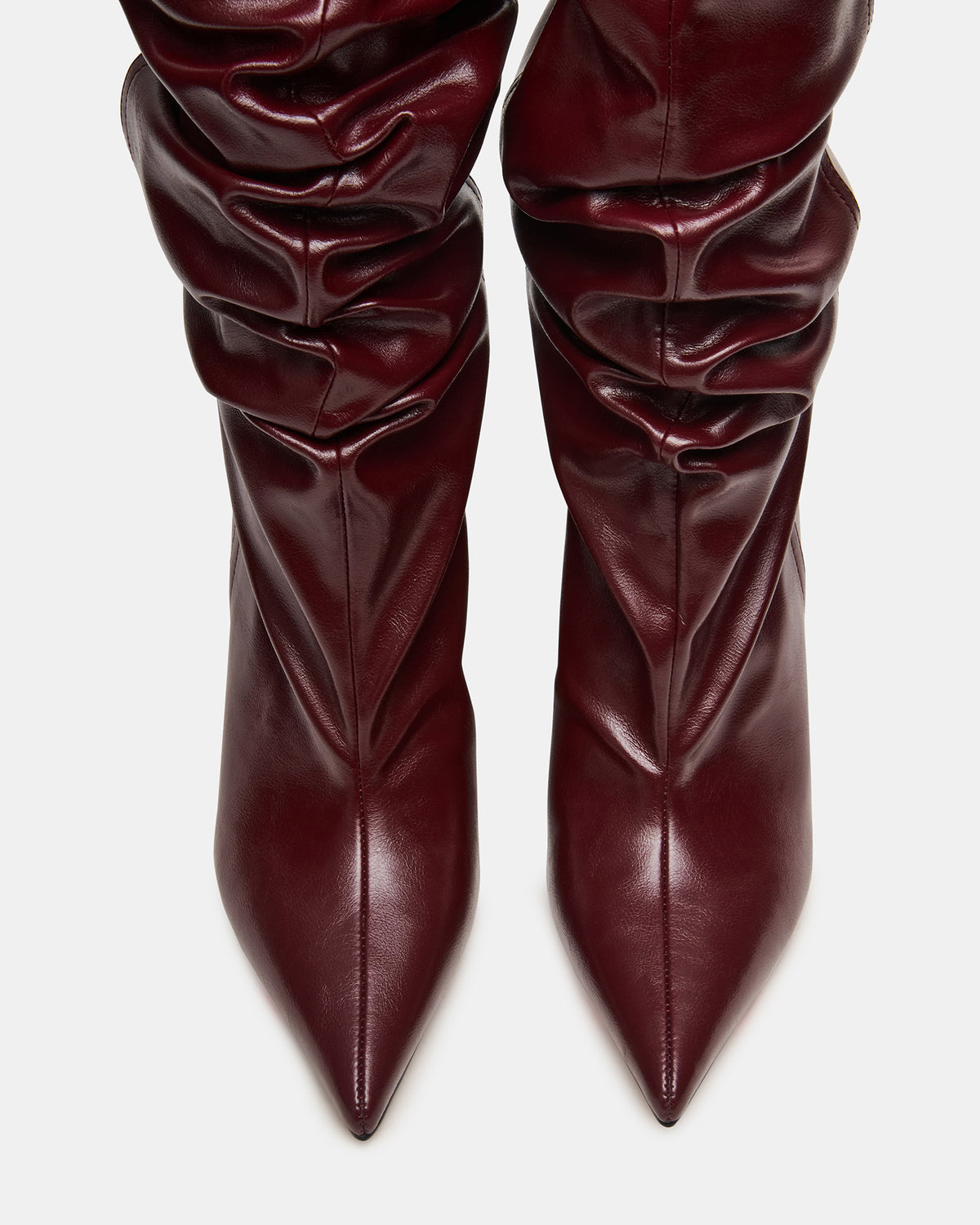 DISTORTION Burgundy Pointed-Toe Scrunched Knee-High Wedge Women's Boot Steve Madden BURGUNDY