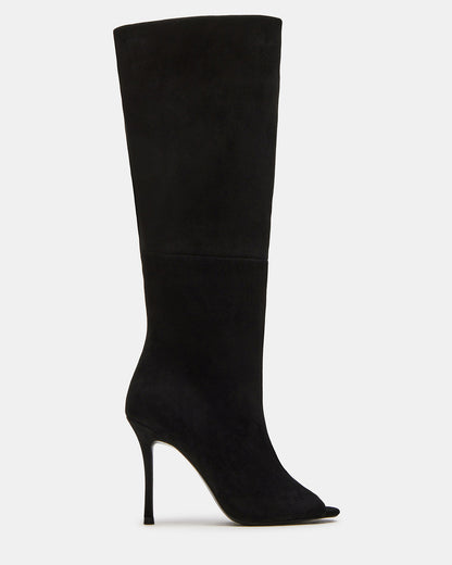 PEGGIE Black Suede Stiletto Heel Peep Toe Women's Boots Steve Madden BLACK SUEDE